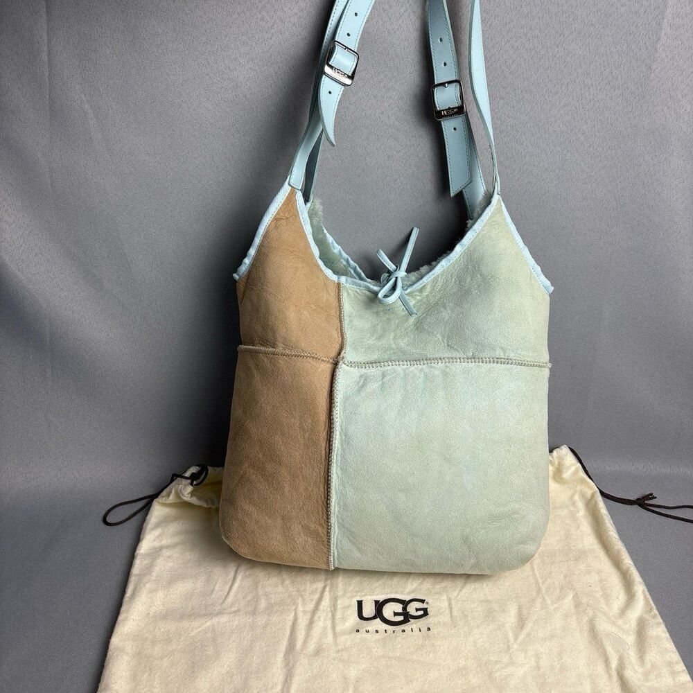 Ugg Tote Hobo Purse Shoulder Bag Bucket Sherpa Shearling Wool Baby Blue Tan